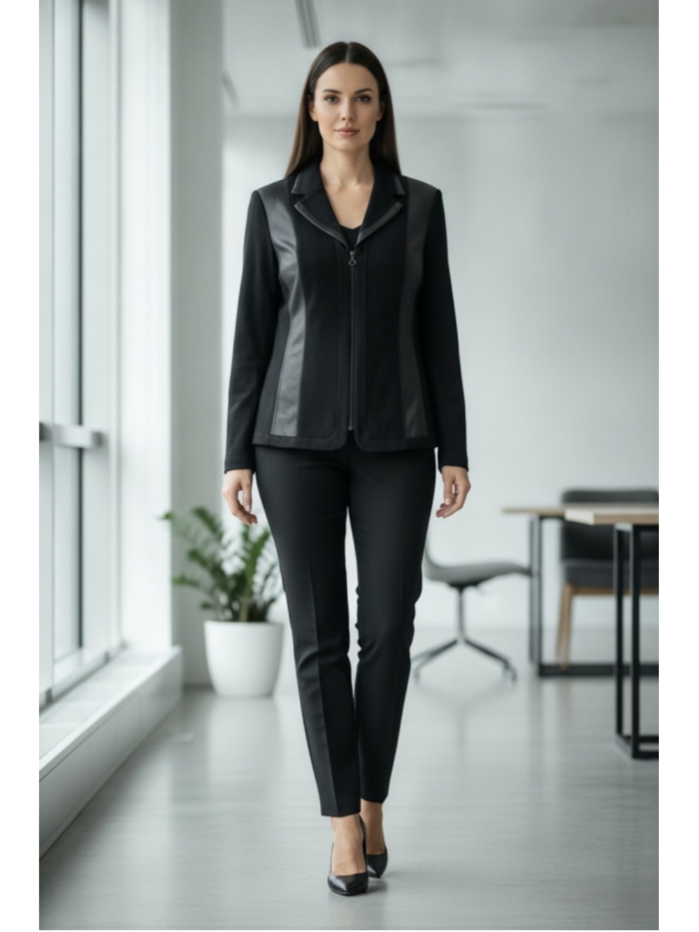 Tanjay Women’s Blazer Faux Leather Trim Zip Front Size 12
